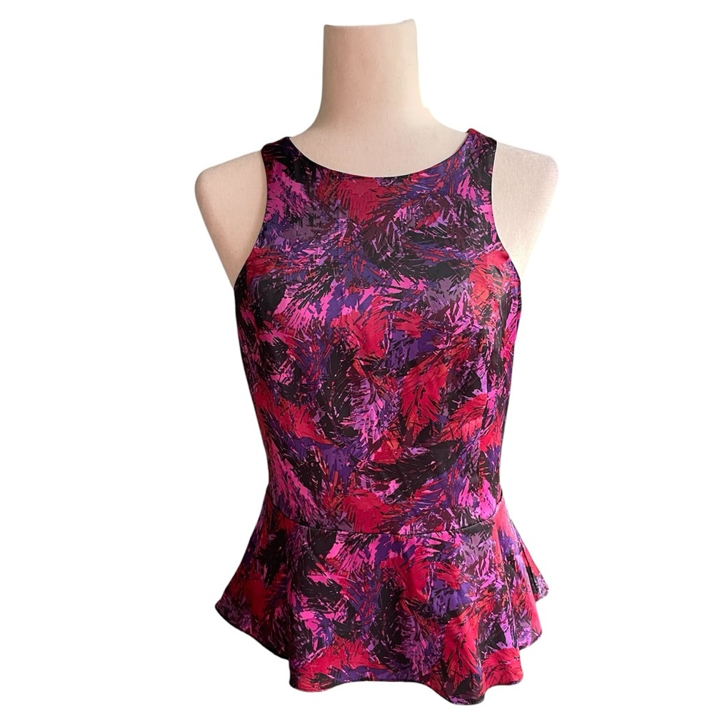 Express Satin Multi Abstract Tropical Peplum Women's Printed Pink Purple Top S